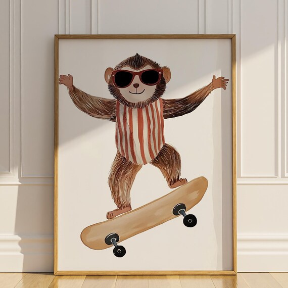 Monkey Wearing Sunglasses Riding Skateboard Watercolor Kids Room Poster