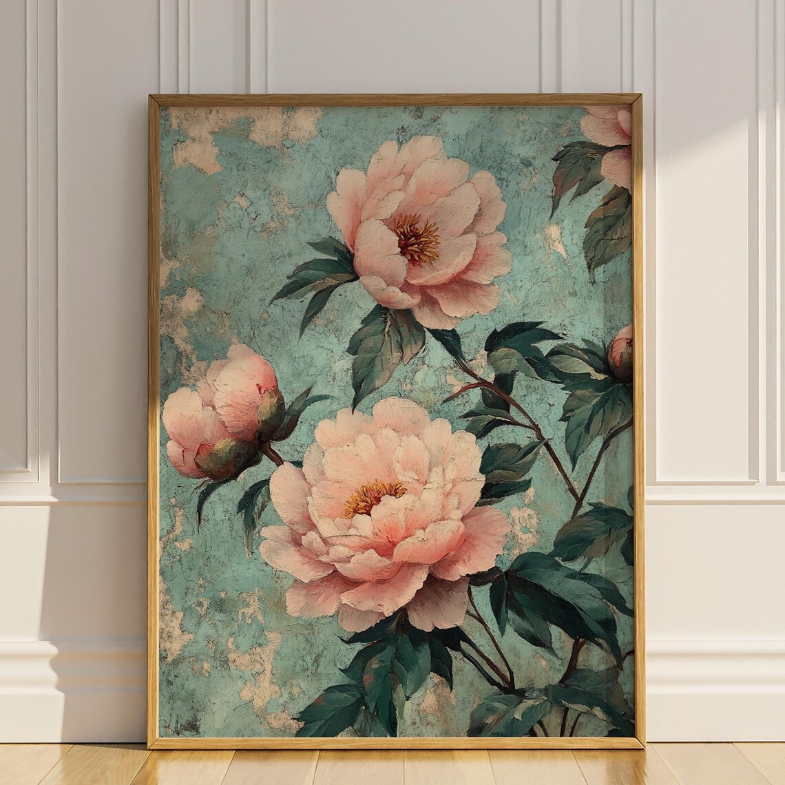 Pink Peonies Vintage Style Teal Floral Botanical Garden Poster