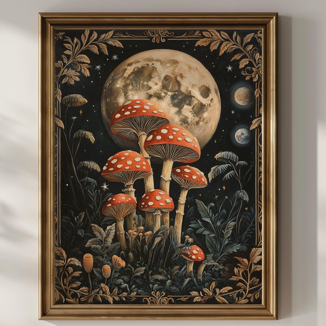 Celestial Mushrooms Full Moon Dark Academia Cottagecore Vintage Print