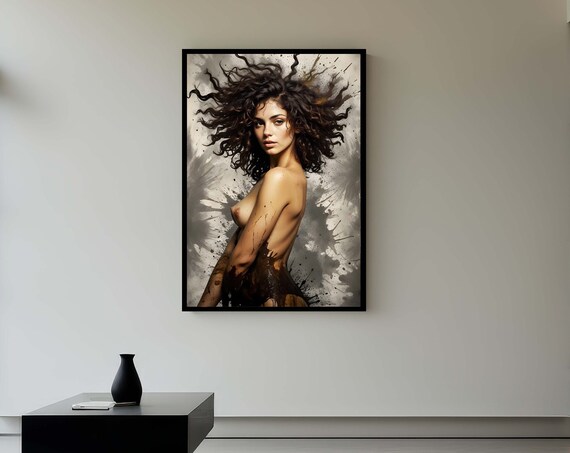 Elegant Nude Woman Portrait Windblown Curls Paint Splash Art Poster