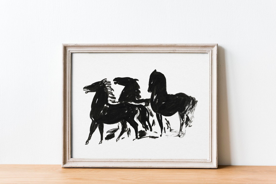 Three Black Horses Ink Sketch Minimalist Equine Drawing Wall Art - Image 2
