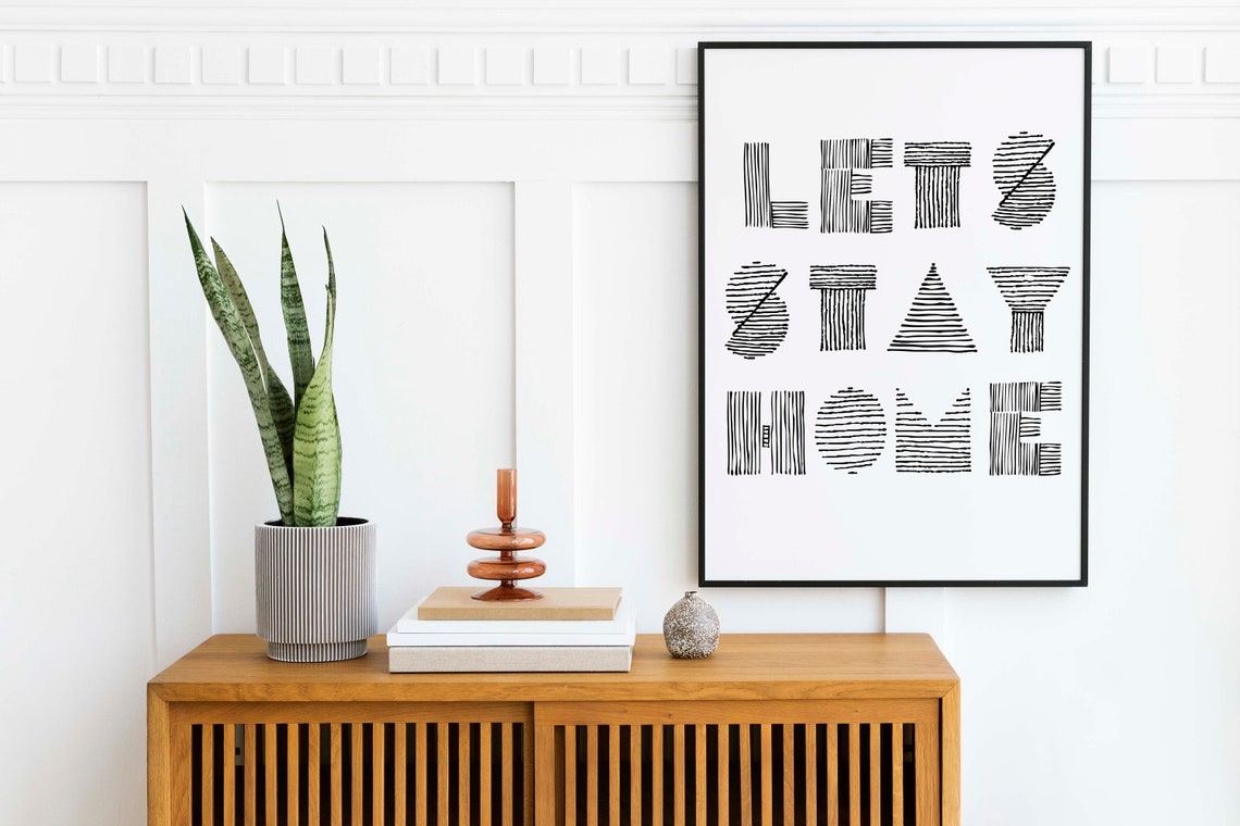 Lets Stay Home Hand Drawn Striped Black White Typography Wall Art - Image 3