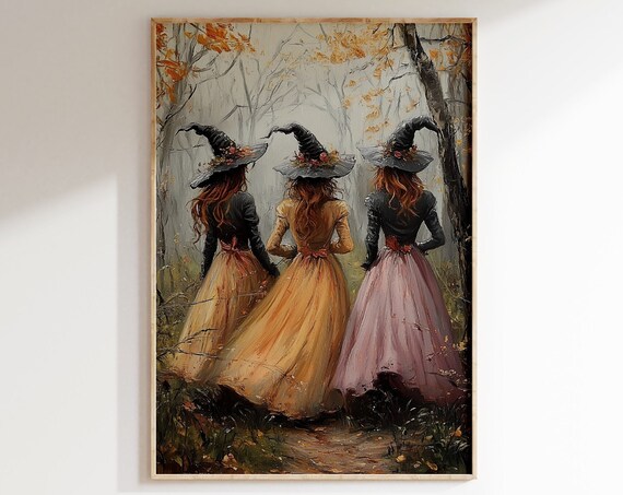 Three Witches Vintage Halloween Art Print, Spooky Season