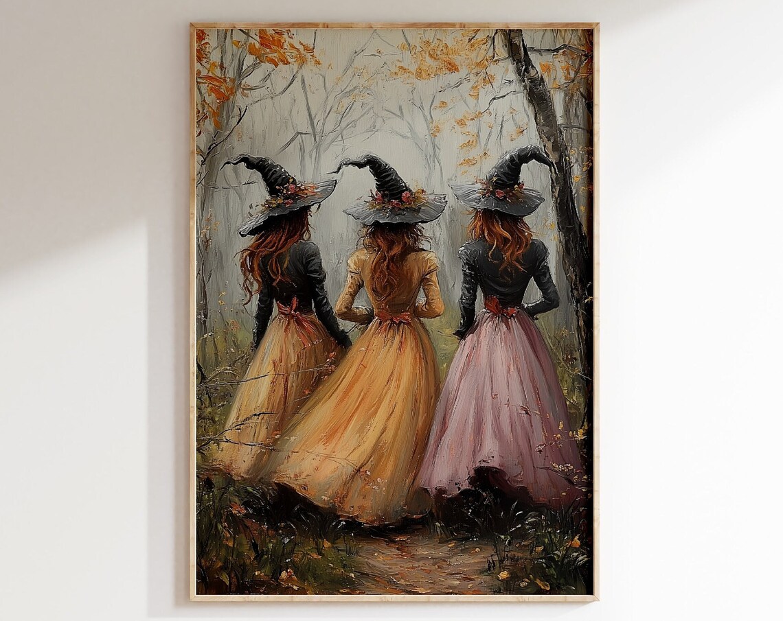 Three Witches Vintage Halloween Art Print, Spooky Season