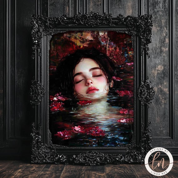 Woman Face Water Red Flowers Dark Gothic Victorian Moody Wall Poster