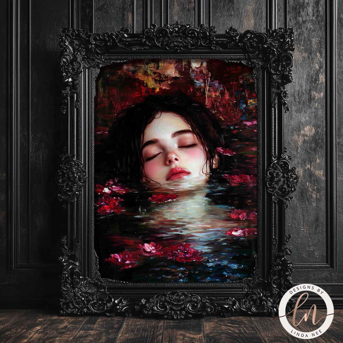 Woman Face Water Red Flowers Dark Gothic Victorian Moody Wall Poster