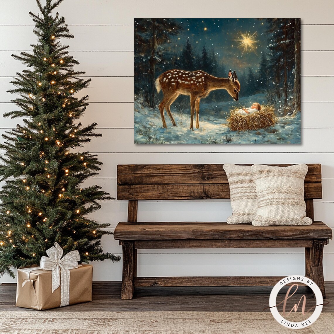 Baby Jesus and Deer Nativity Christmas Wall Art Print - Image 2