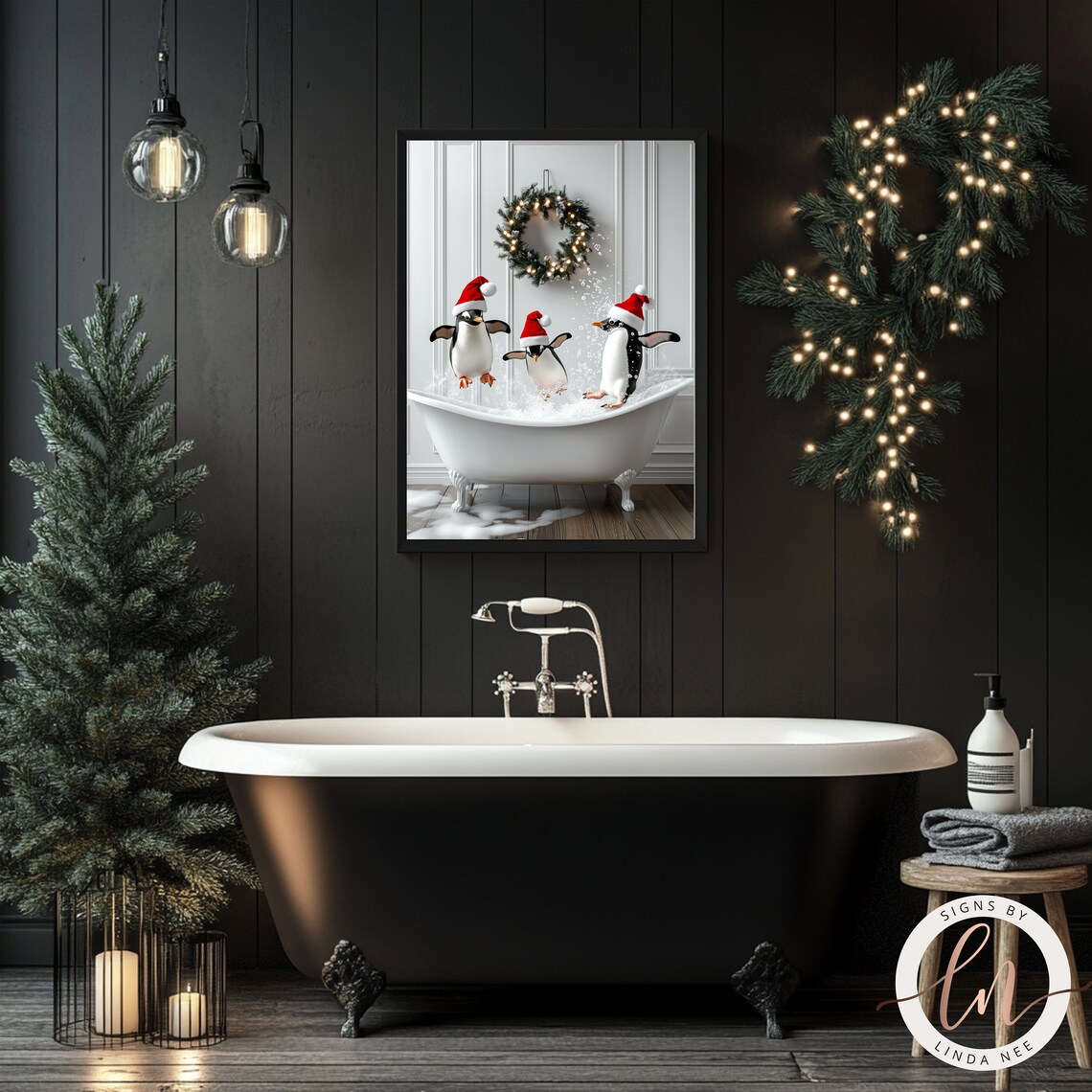 Cute Penguins in a Vintage Tub Christmas Art Print - Image 3