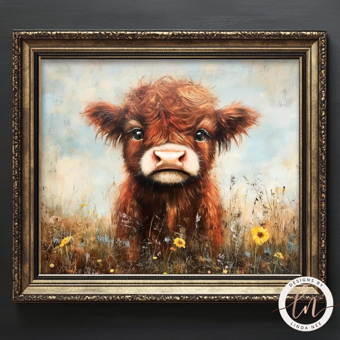 Rustic Farmhouse Highland Cow In Wildflowers Oil Painting Vintage Cow Print Country Nursery Decor Antique Wildflowers Landscape 6 Spr018 - Image 3