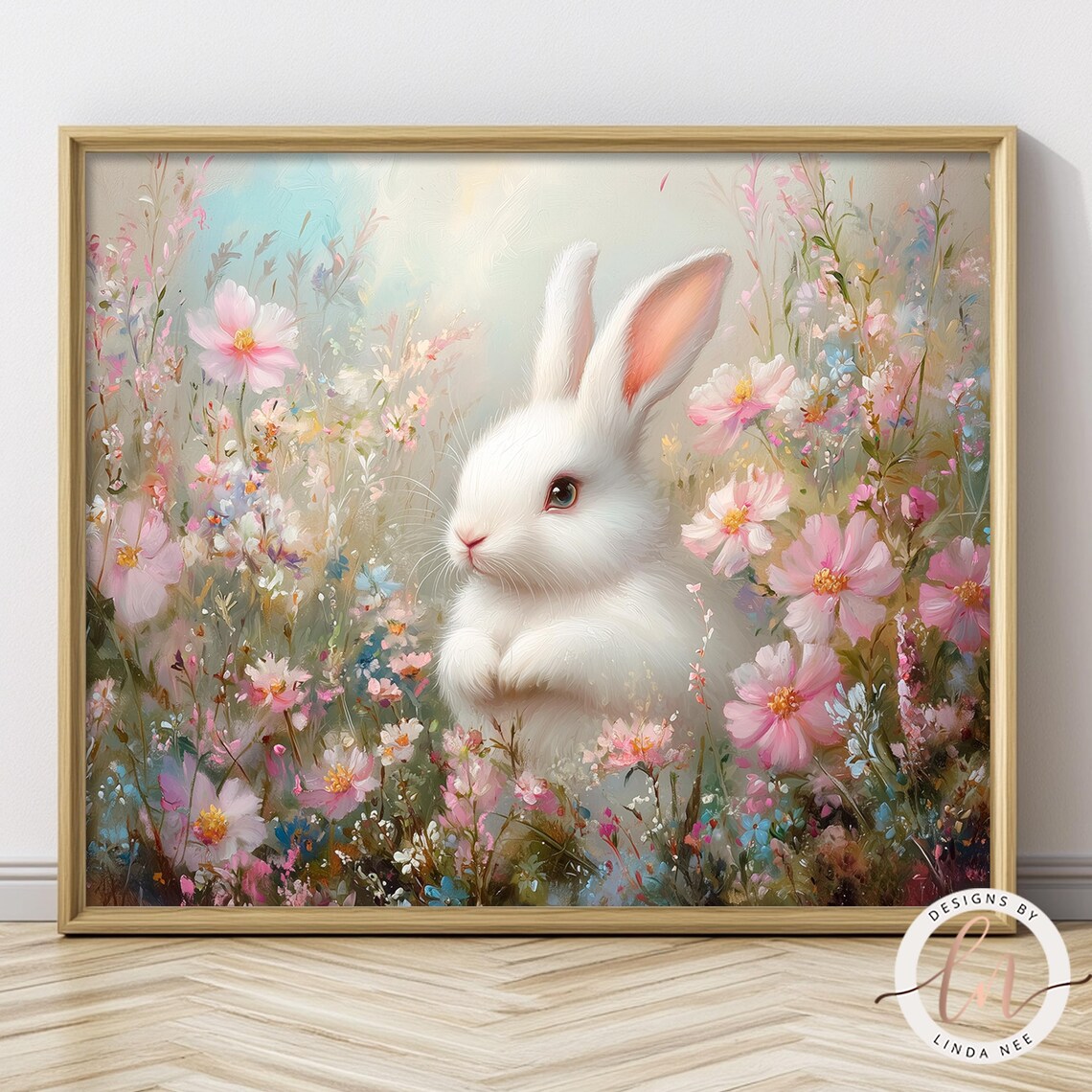 Spring Bunny Rabbit in Wildflower Field, Vintage Art Print