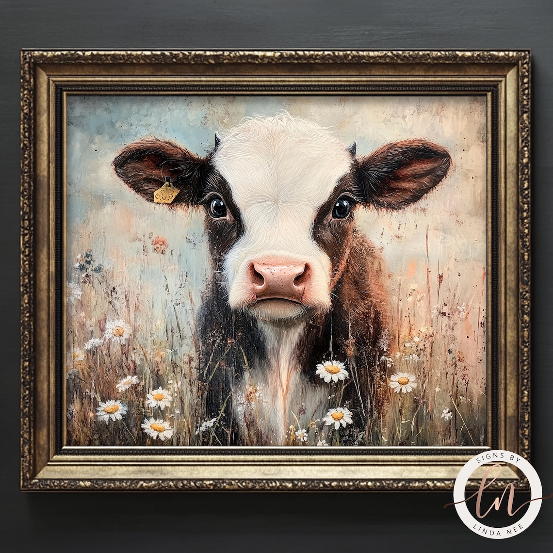 Moody Baby Cow Vintage Oil Painting, Farmhouse Art Print - Image 2