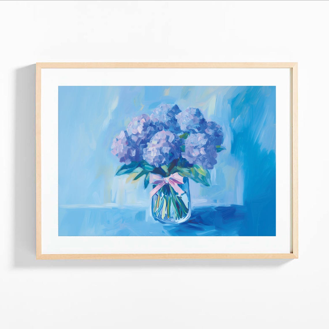 Hydrangea Blossoms in Glass Vase with Pink Bow Blue Painting Print