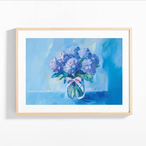 Hydrangea Flowers Painting Abstract Insect Wall Art Blue Floral Print