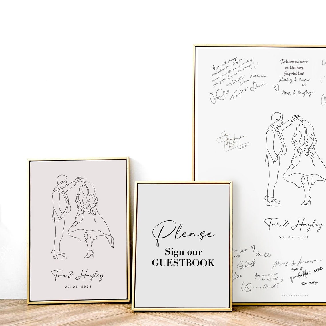 Custom Wedding Guestbook Sign Poster Couple Line Drawing Set