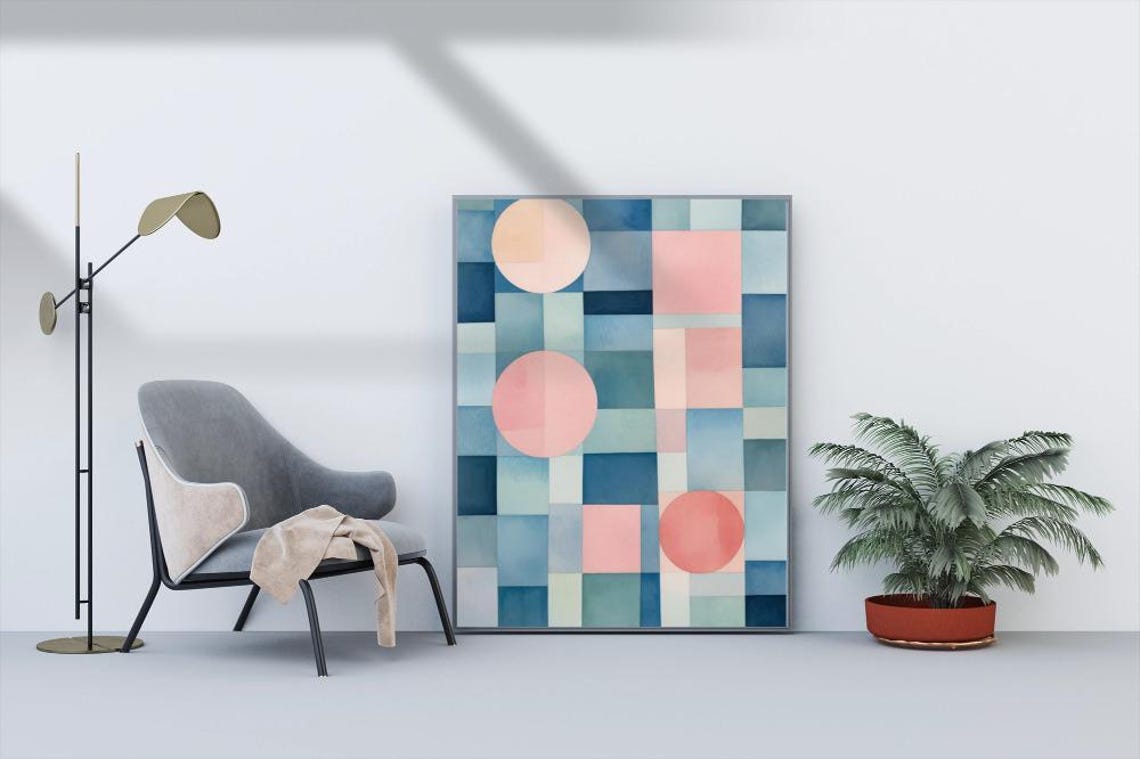 Blue Geometric Grid With Coral Pink Circles Modern Abstract Poster