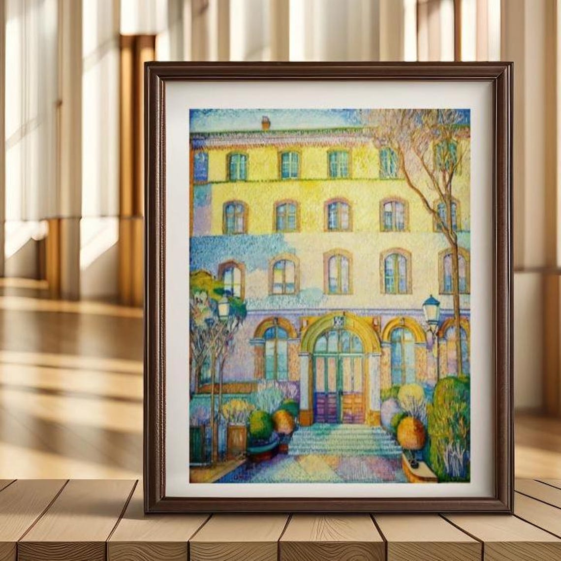 Pointillist Historic Building Facade With Arched Entryway Poster