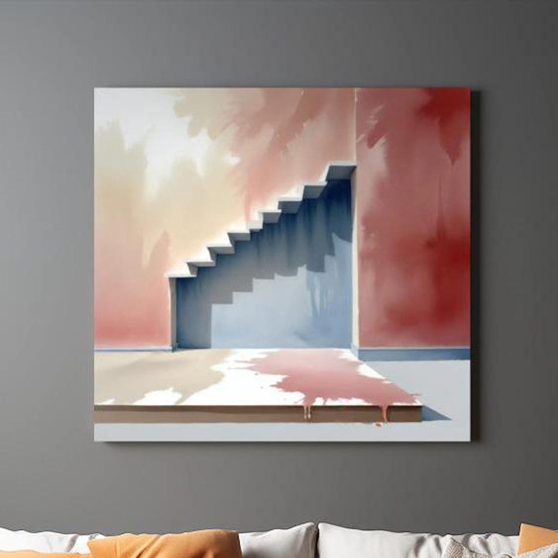 Blue Staircase Coral Wall Abstract Watercolor Architecture Art Poster