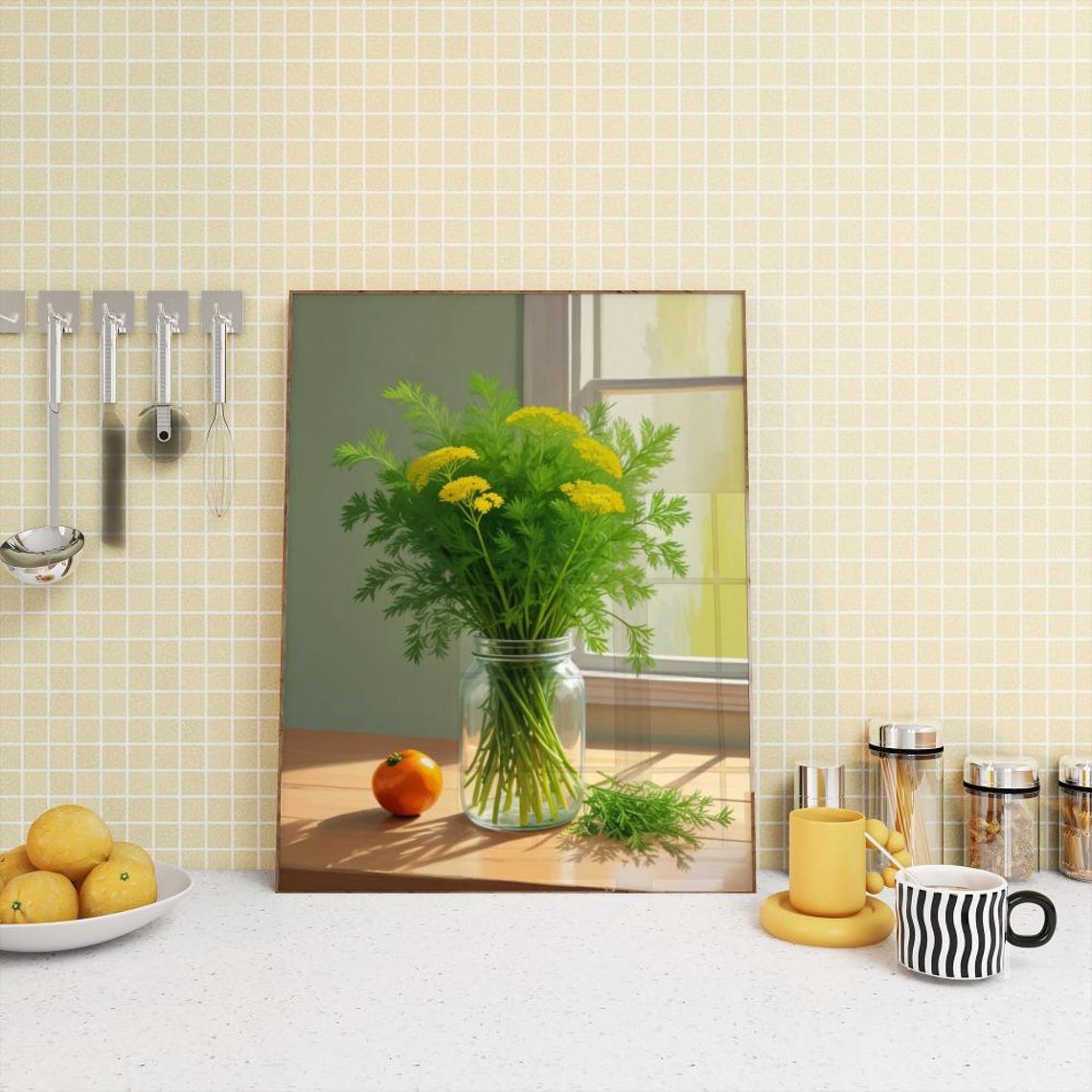 Dill Flower Bouquet With Yellow Blooms In Mason Jar Kitchen Poster