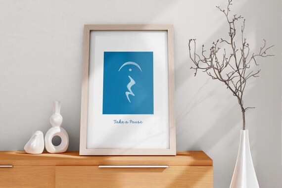 Take a Pause Blue Square Minimalist Line Art Inspirational Poster