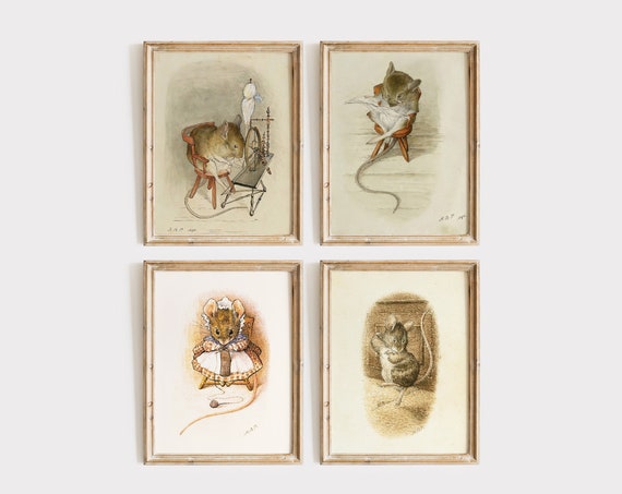 Original Beatrix Potter Mouse Illustrations For Nursery Vintage Gift Art Set Of 4 Childrens Book Wall