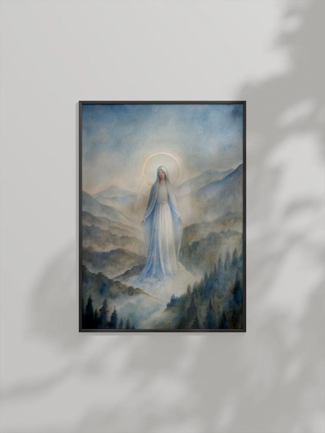Virgin Mary In White Robe Misty Mountain Halo Watercolor Poster