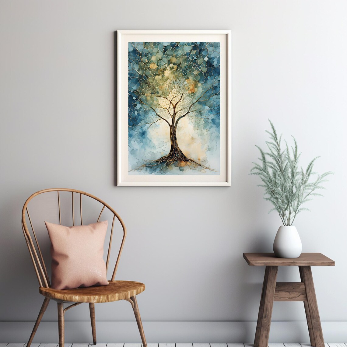 Mosaic Tree Of Life Cracked Glass Blue Gold Botanical Wall Art