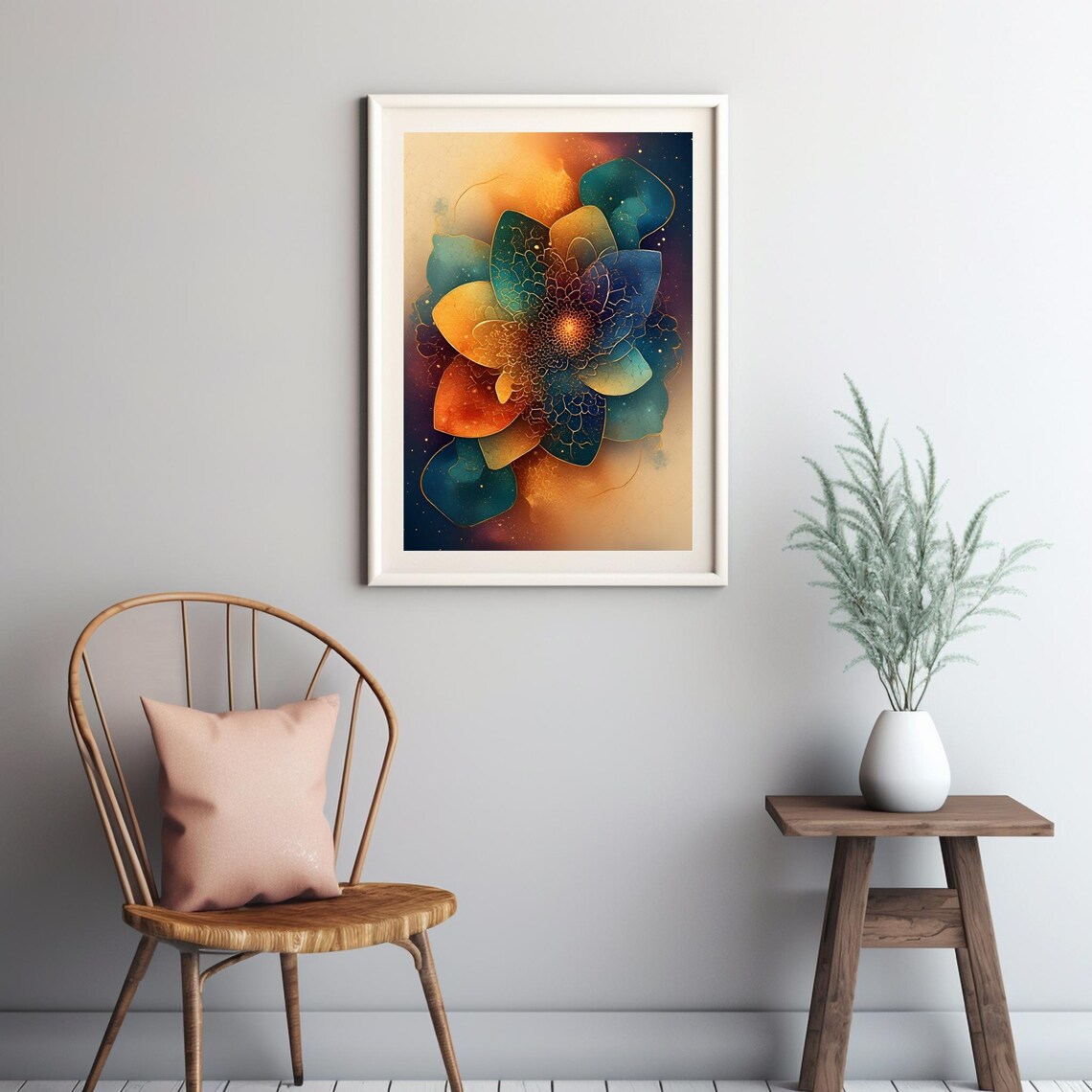 Cosmic Flower Starry Night Teal Orange Vibrant Abstract Floral Poster