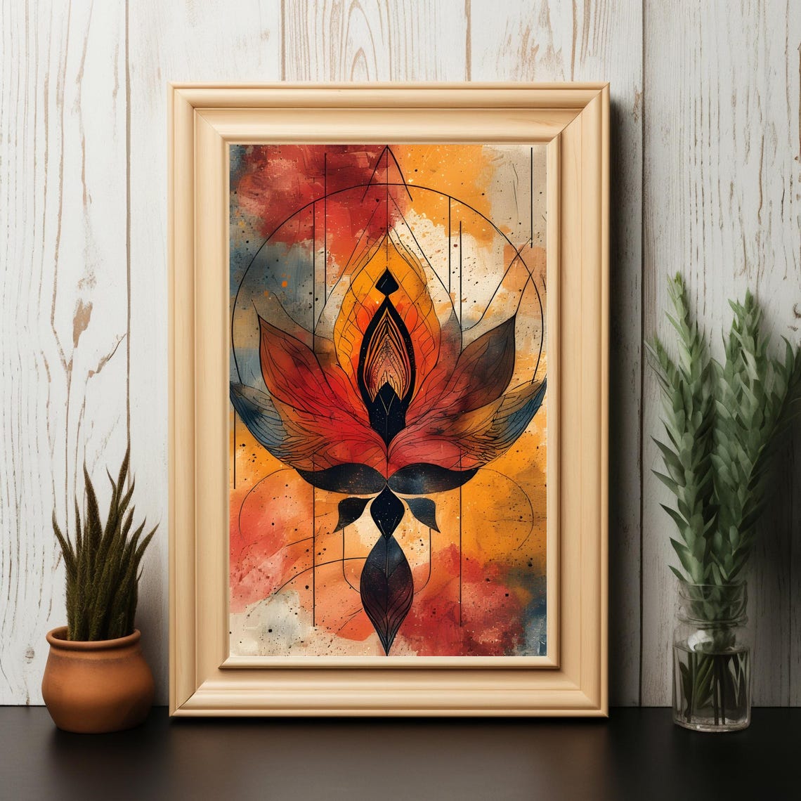 Abstract Lotus Red Orange Black Layered Petals Geometric Bloom Poster