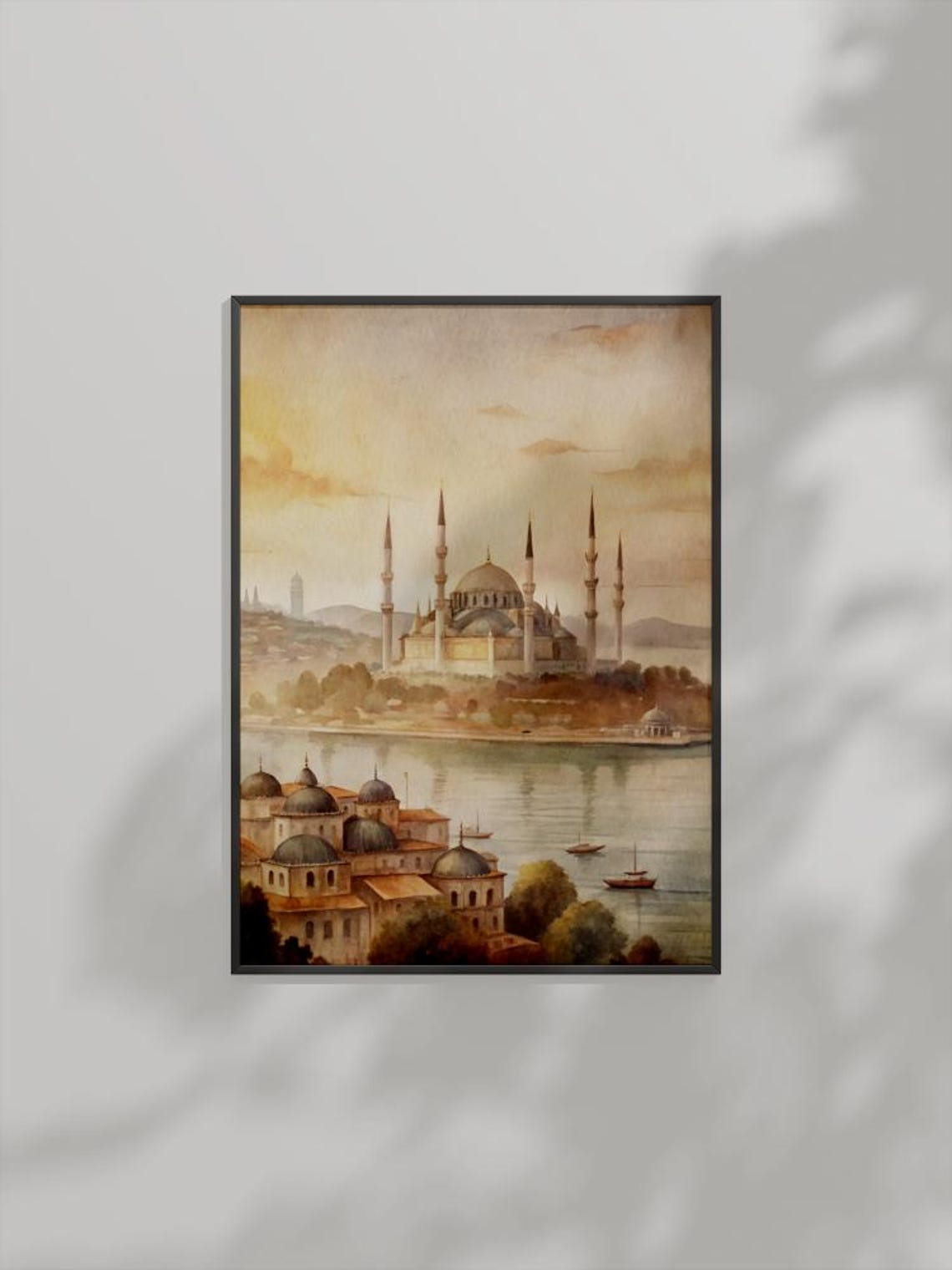 Istanbul Blue Mosque Sunset Watercolor Six Minarets Golden Poster Art