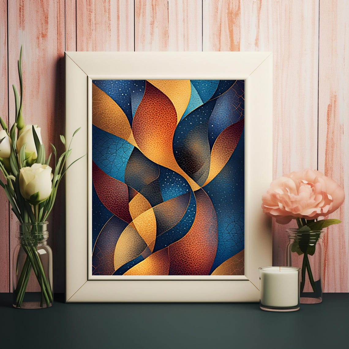 Fluid Flame Swirl Orange Gold Teal Navy Abstract Motion Wall Art