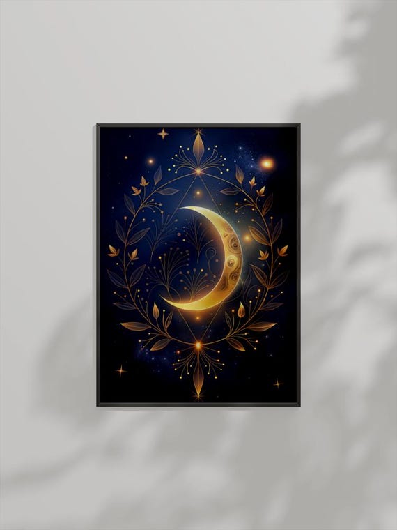 Golden Crescent Moon Botanical Wall Art Celestial Night Sky Mystical