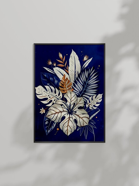 Tropical Leaf Botanical Wall Art Navy Blue And Gold Decor