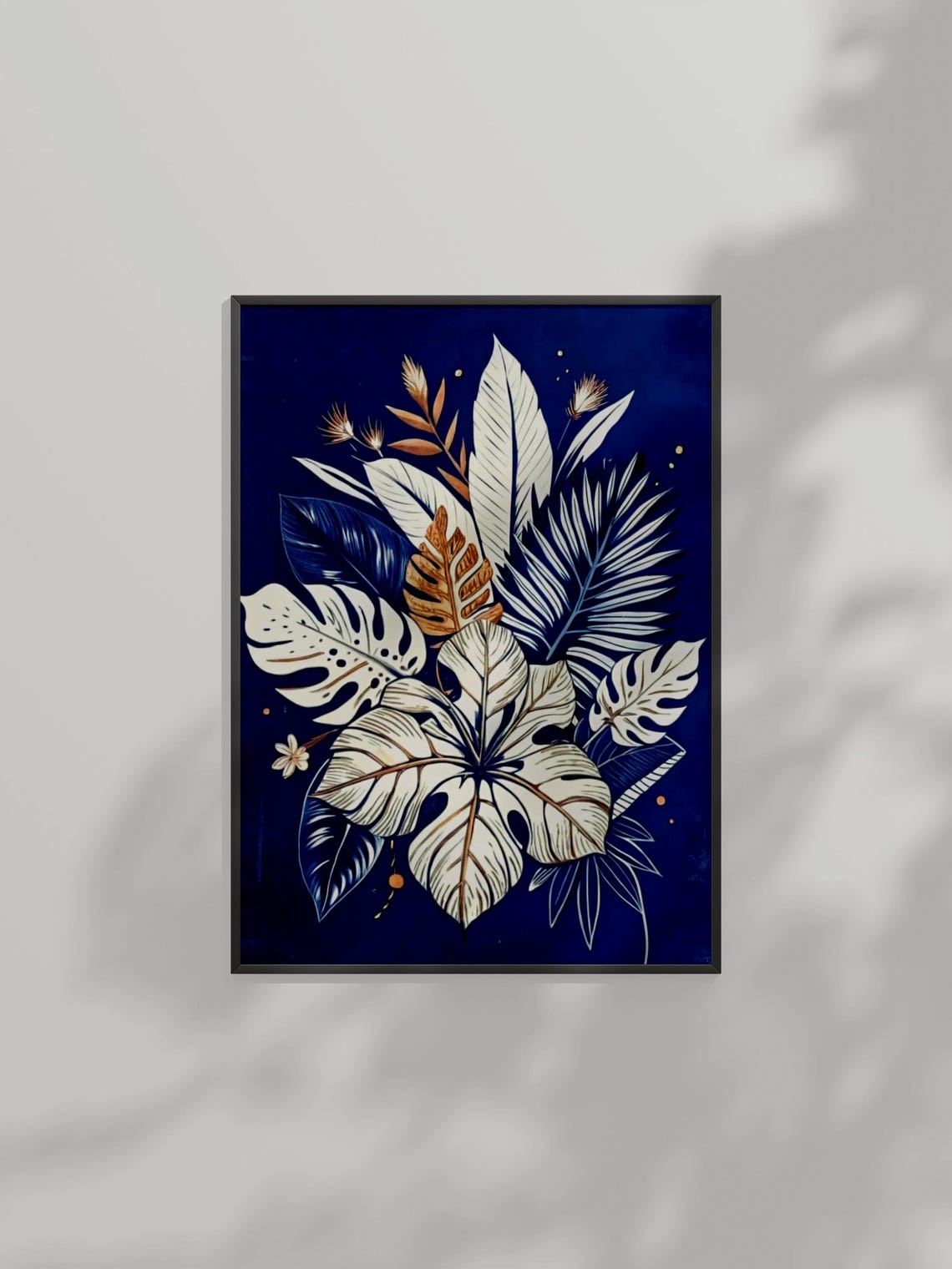 Tropical Gold Botanical Poster On Navy Blue With Cream Monstera Leaves