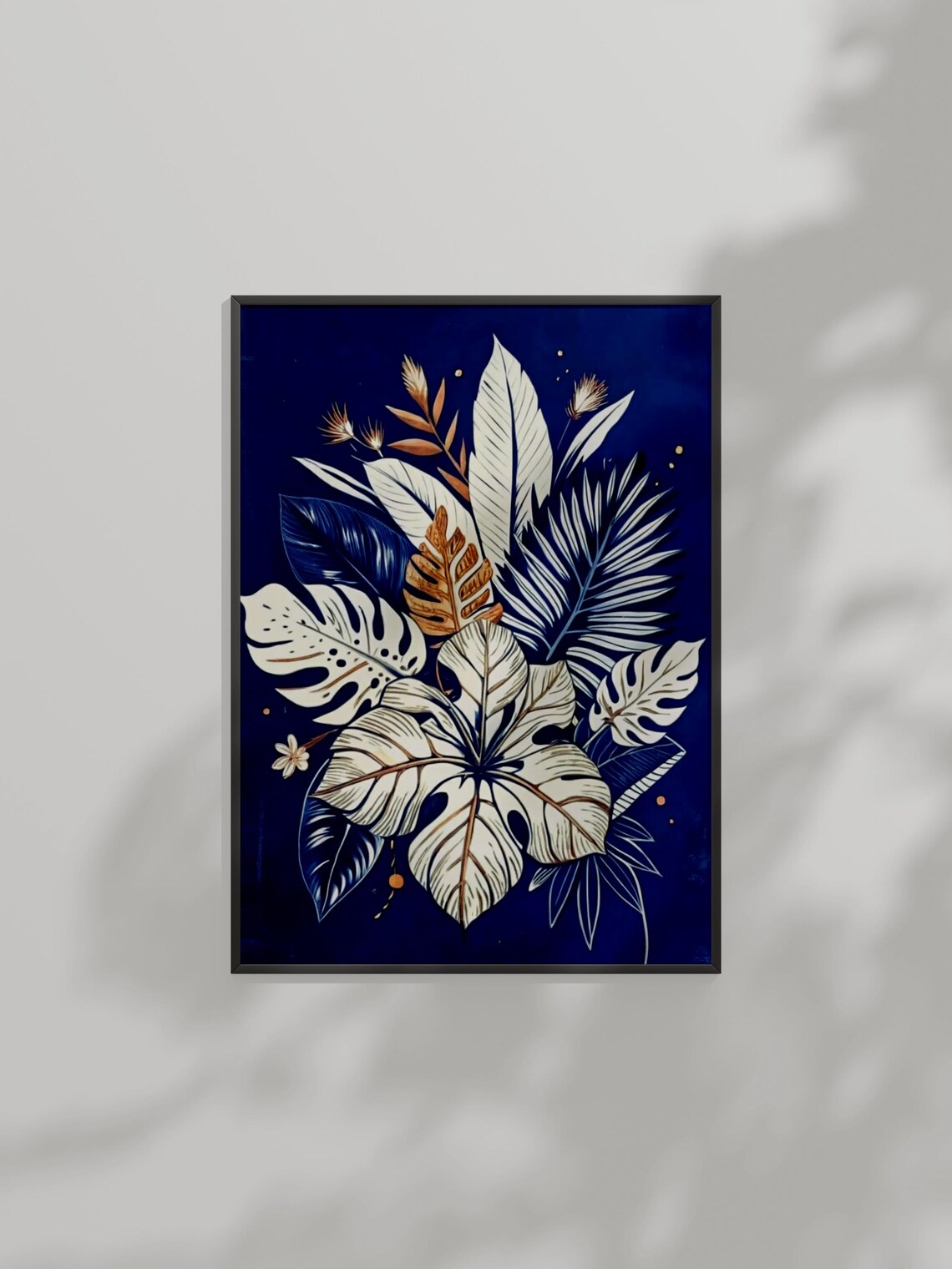 Tropical Leaf Botanical Wall Art Navy Blue And Gold Decor
