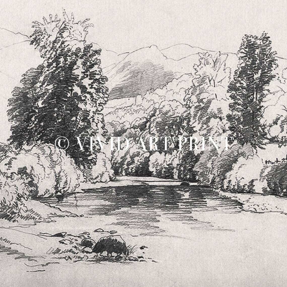 Vintage River Forest Sketch Landscape Poster - Image 4