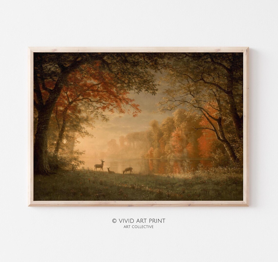Vintage Deer Landscape, Autumn Forest Cottage Core