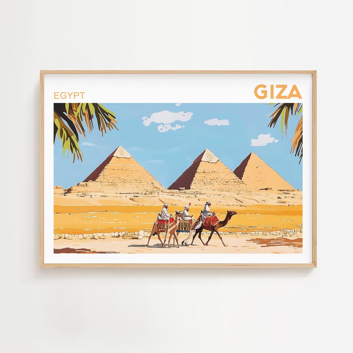 Giza Egypt Great Pyramids Camel Riders Desert Retro Travel Poster