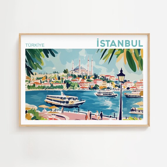 Istanbul Turkey Bosphorus Waterfront Mosque Retro Travel Poster