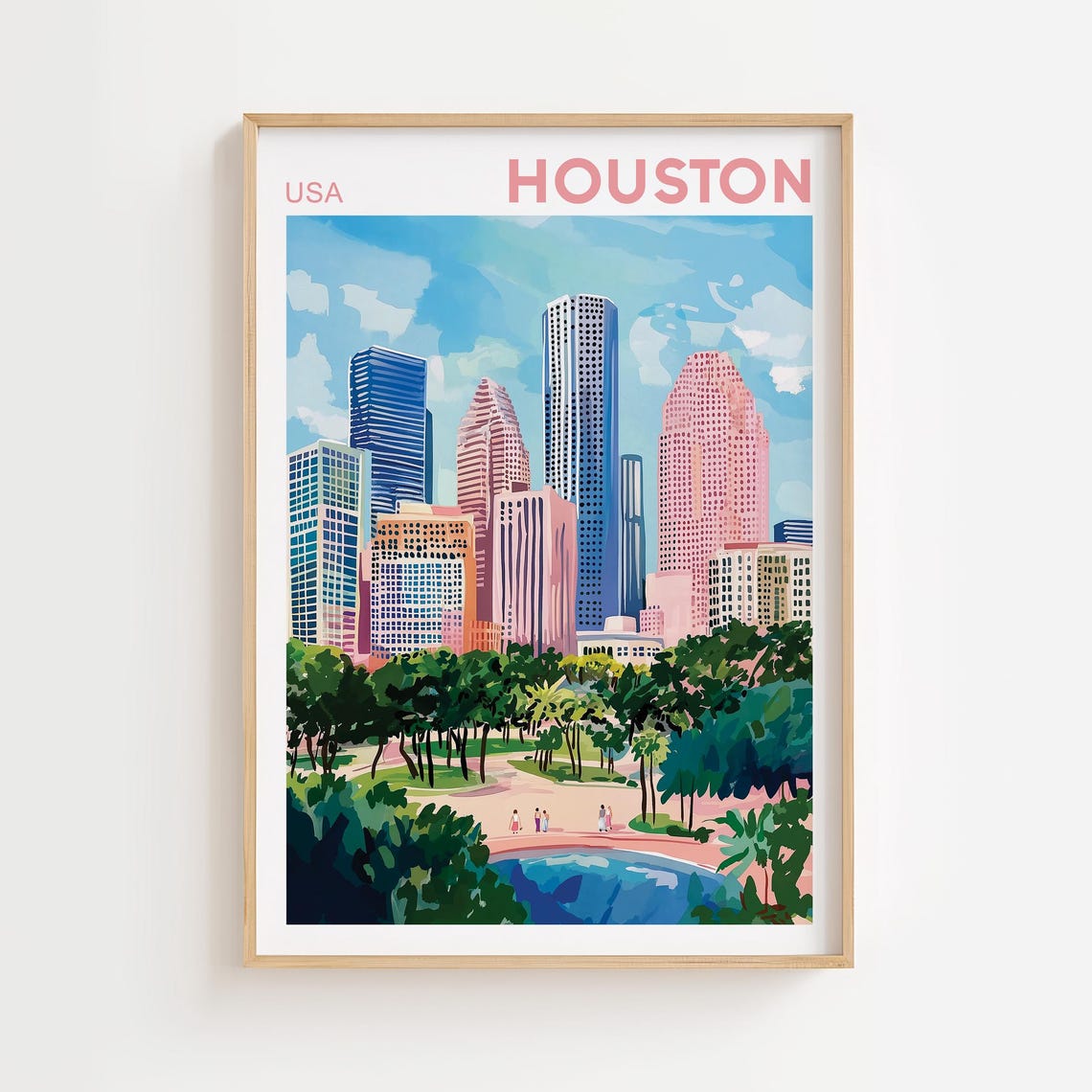 Houston Texas Skyline Pastel Mid Century Modern Travel Poster