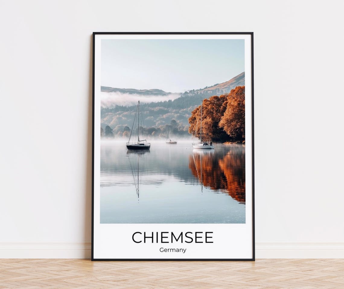 Chiemsee Misty Lake with Sailboats Autumn Germany Travel Poster