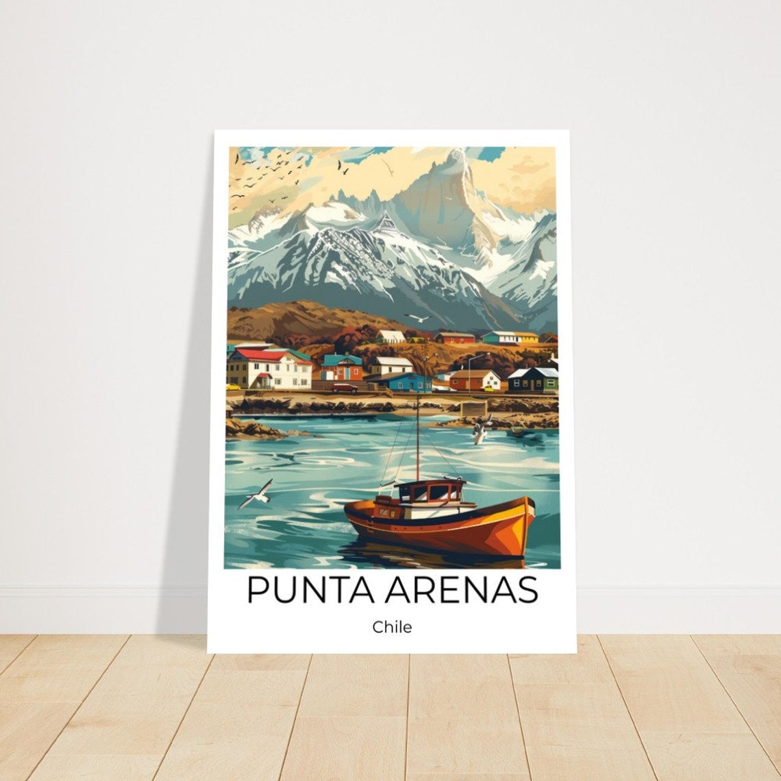 Punta Arenas Chile Harbor Boat Snowy Peaks Illustration Poster
