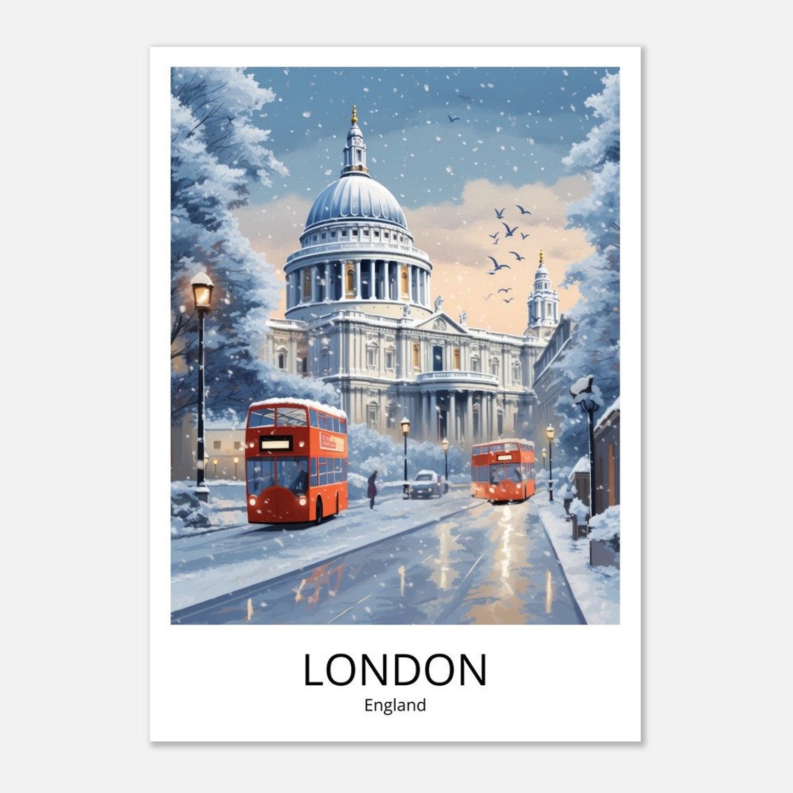 London St Paul's Cathedral Snowy Winter Red Bus Illustration Poster - Image 3
