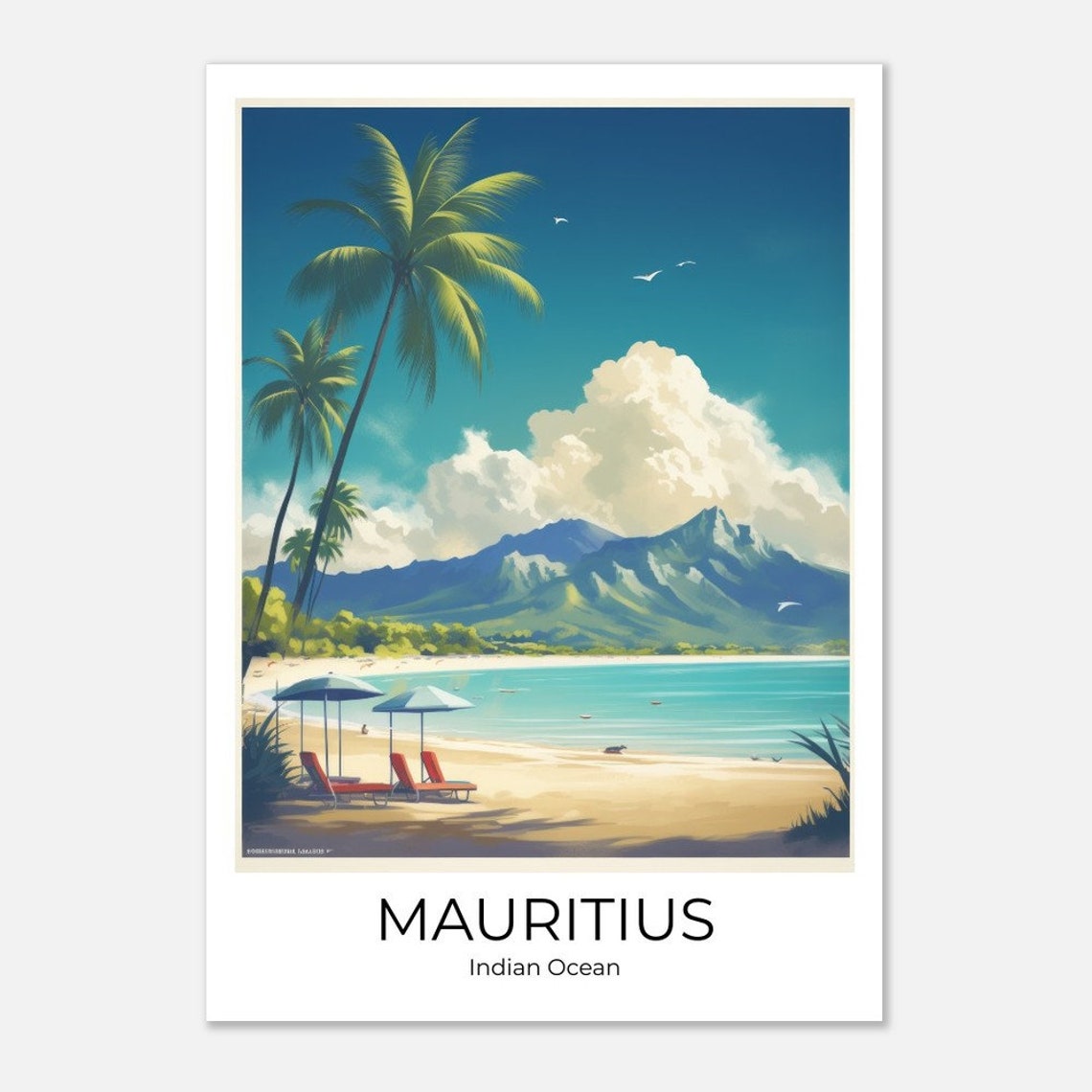 Mauritius Beach Palm Trees Mountain Retro Indian Ocean Travel Poster