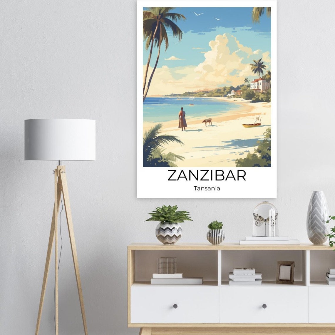 Zanzibar Beach Palm Trees Horse and Fisherman Boat Illustration Poster - Image 4