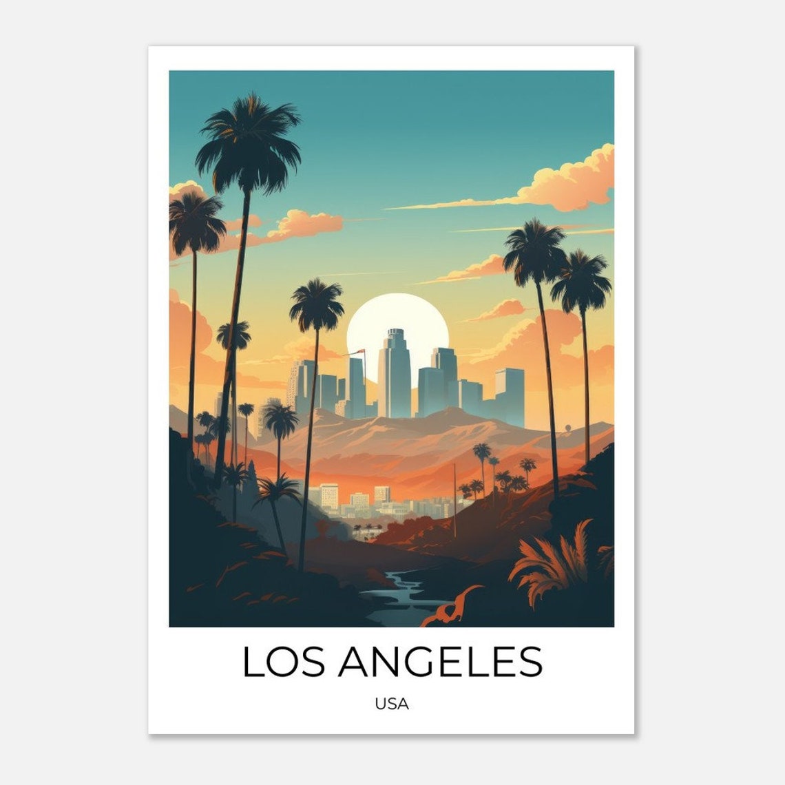 Los Angeles Skyline Sunset Palm Silhouette Travel Art Poster - Image 2