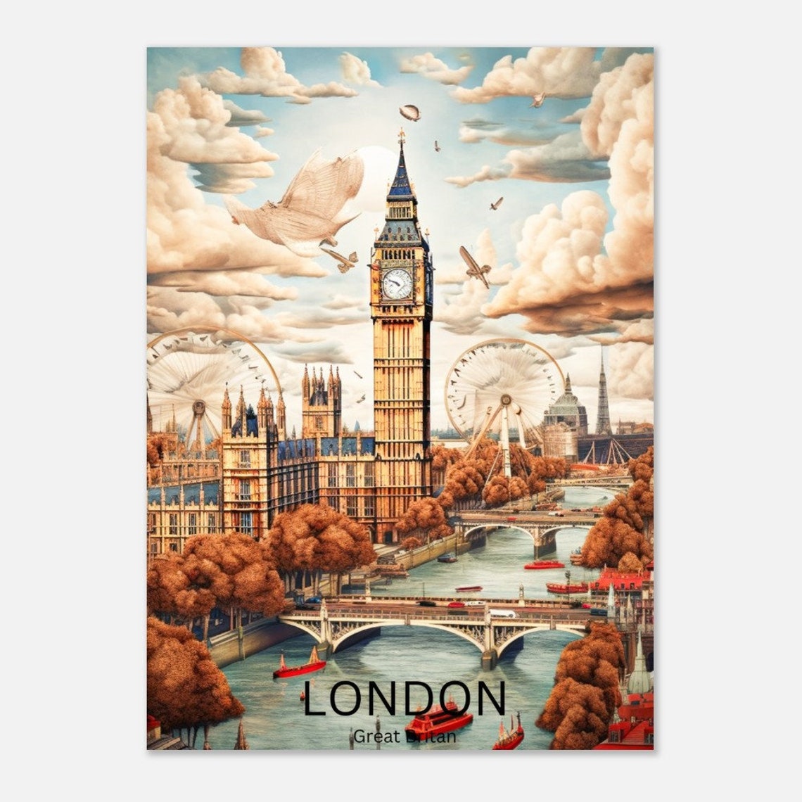 London City Print United Kingdom Travel Poster Wall Art Vintage Poster Big Ben England Art Print London Travel Memories - Image 4
