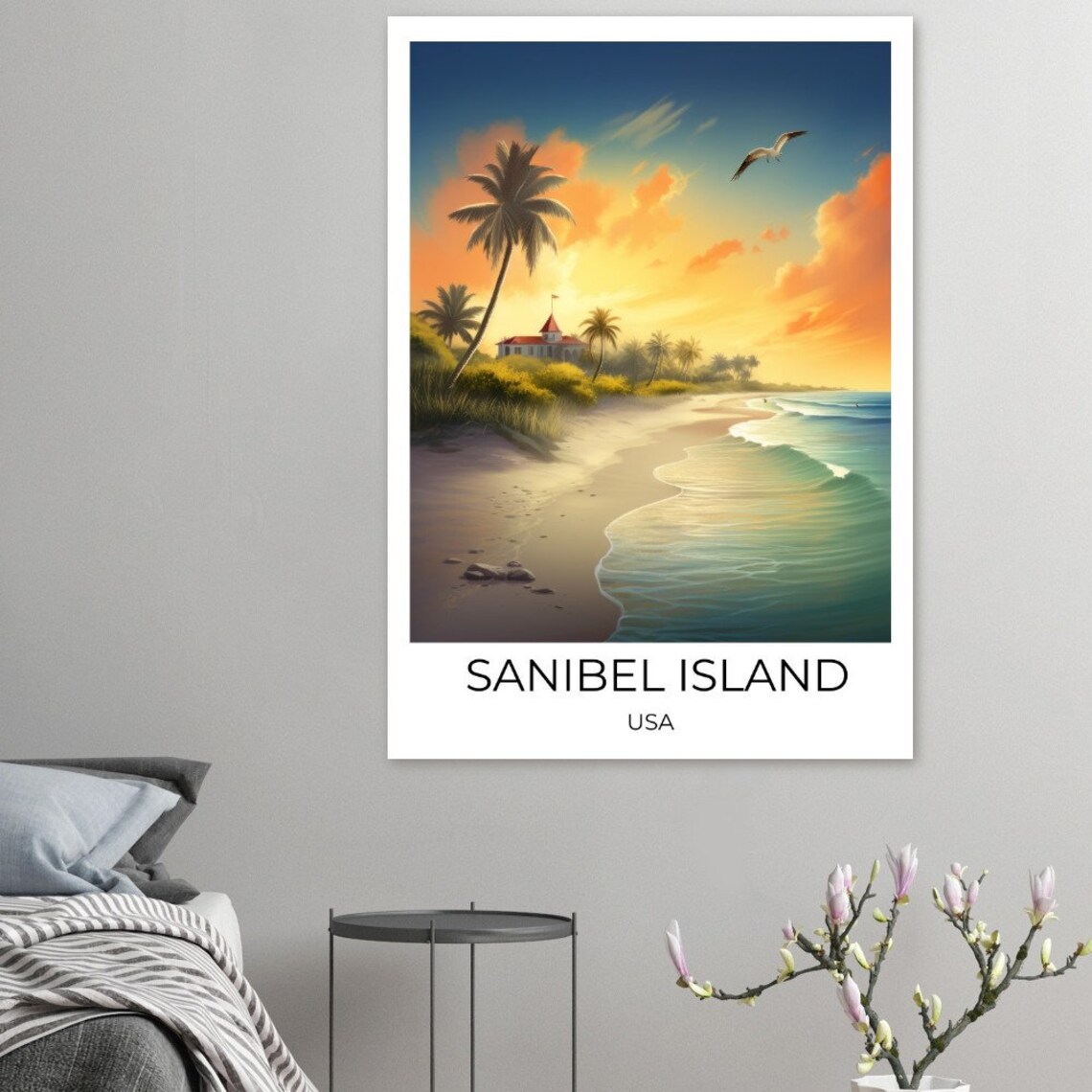 Sanibel Island Florida Sunset Beach Palm Waves Seashell Travel Poster - Image 3