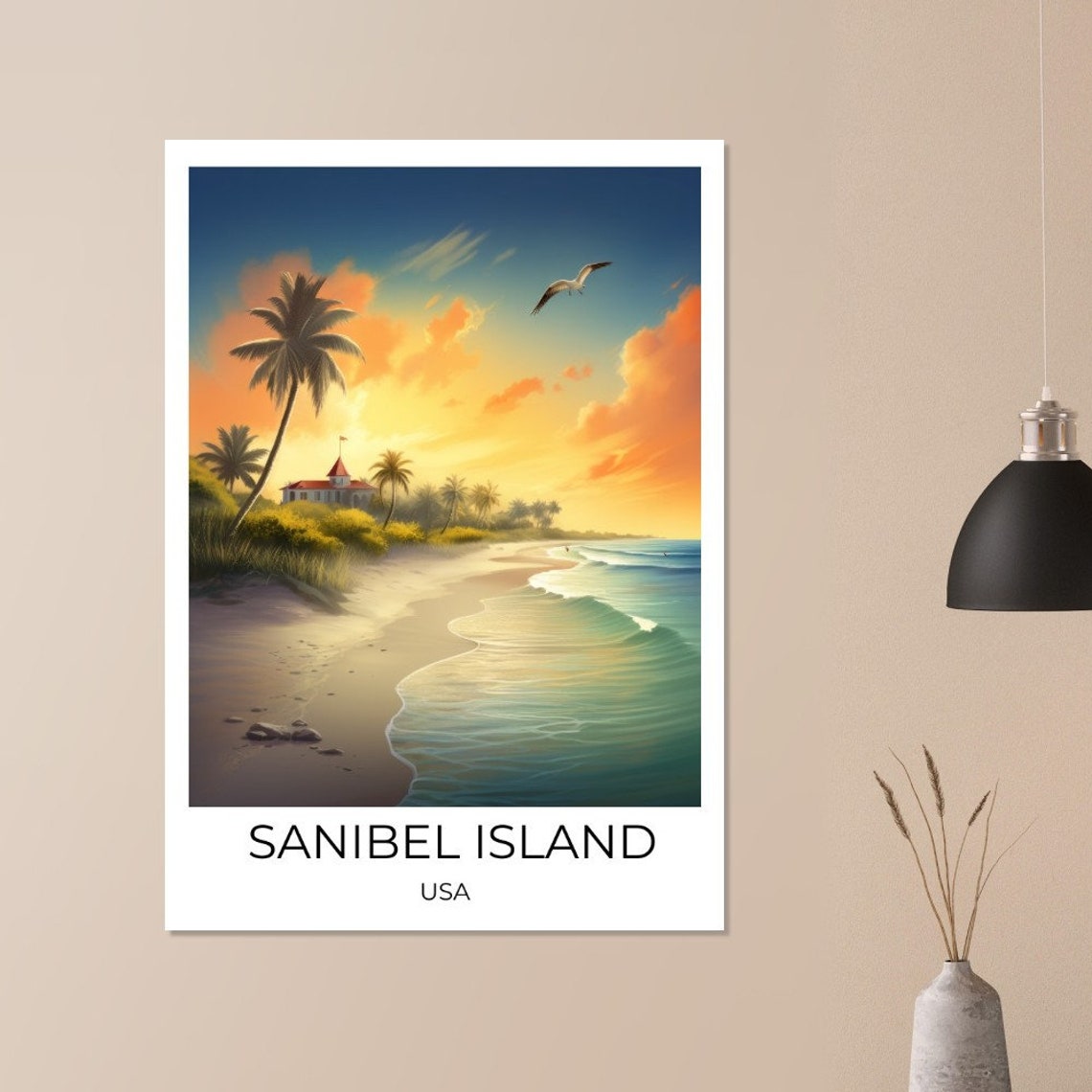 Sanibel Island Florida Sunset Beach Palm Waves Seashell Travel Poster - Image 2