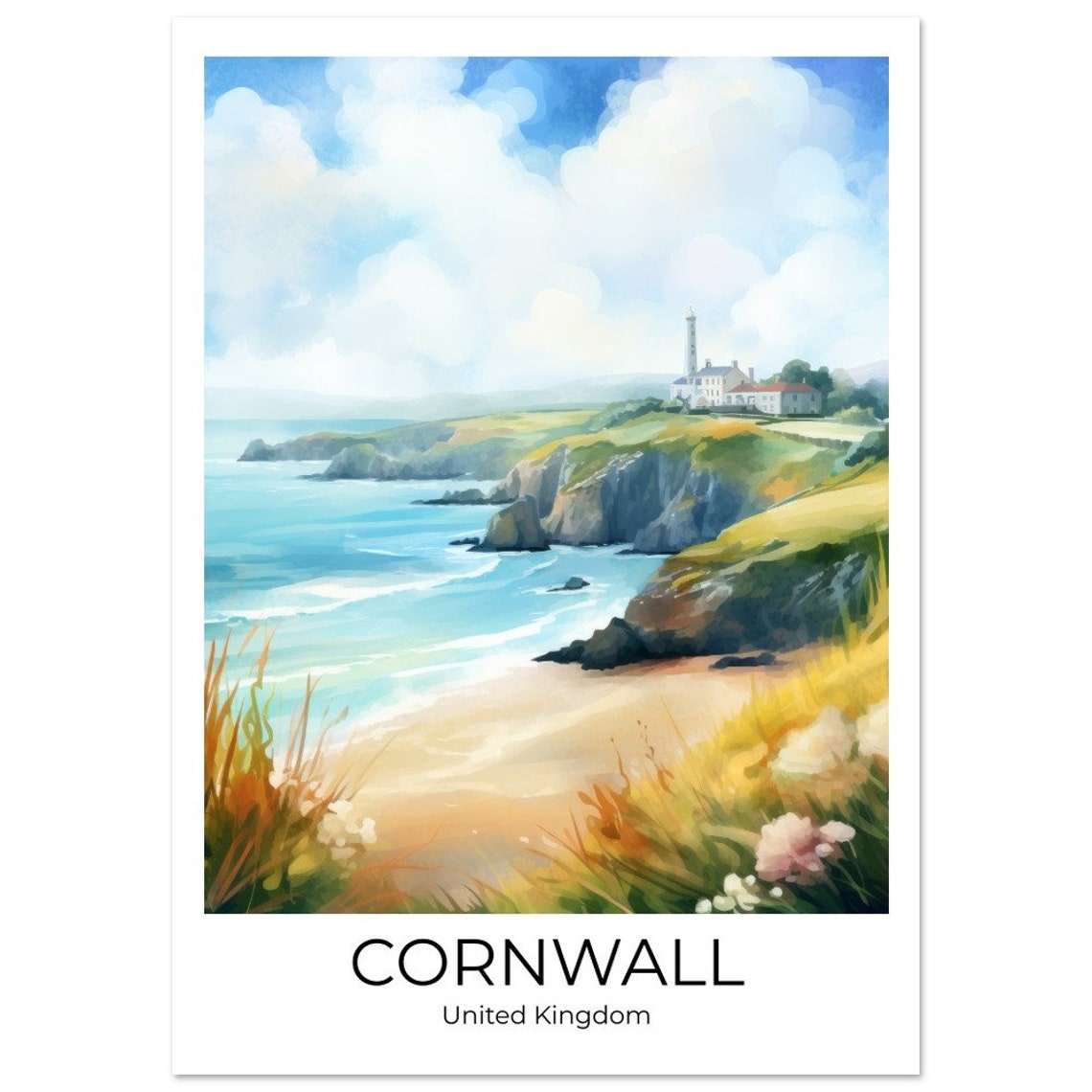 Cornwall United Kingdom Coastal Cliffs Lighthouse Beach Travel Poster - Image 4