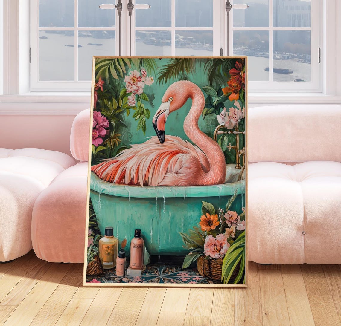 Pink Flamingo Bathtub Poster Tropical Bird Bathroom Funny Jungle - Image 3